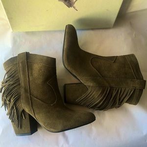 Olive Green Booties With Fringe
